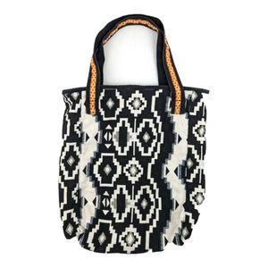 Ikat Pattern Neon Trim Boho Textile Shoulder Bag Geometric Black White Tote GUC